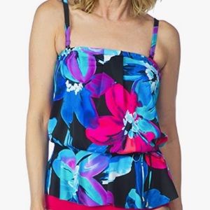 NWT Maxine Of Hollywood Flourish Peplum Swim Tankini Straps Drawstring Top Sz 10